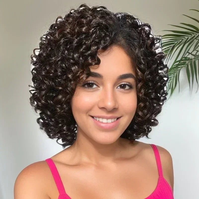 Synthetic Mixed Brown Curly Wigs for Women Short Afro Natural Hair African American Bob Wig Wave Curly