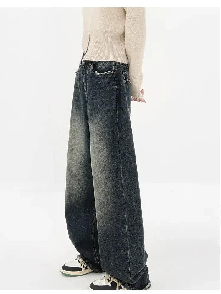 Harajuku Streetwear Retro Fashion Women High Waist Jeans Wide Leg Straight Denim Trousers Y2K Baggy Pants