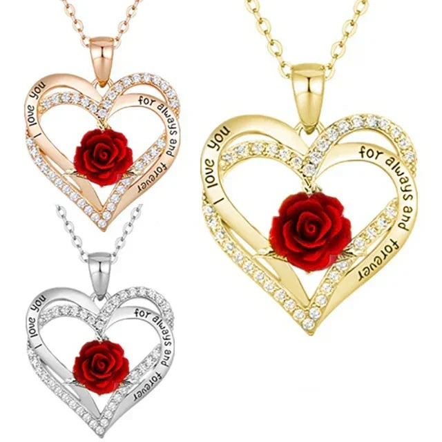 I Love You For Always And Forever Rose Heart Pendant Necklace featuring romantic rose and heart design
