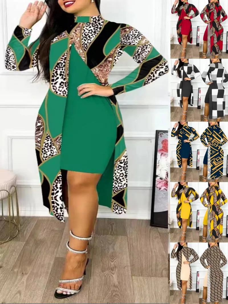 Elegant A Line Two Piece Print Dresses Full Sleeve Split Cardigan Half High Collar Dress
