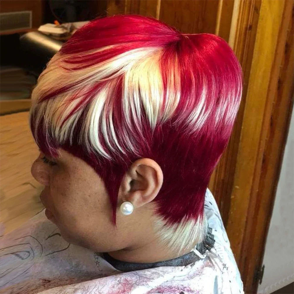Short Pixie Cut Stylish Wig Burgundy Two Tone With highlights Human Hair with Bangs Full Machine Made Pixie