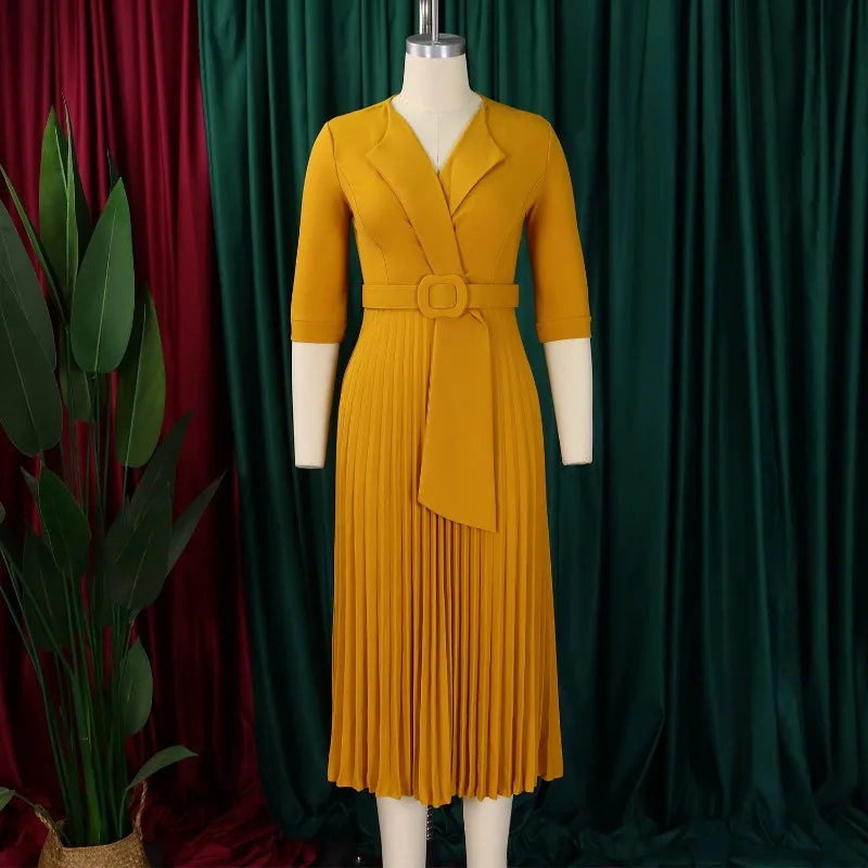 African Autumn Elegant Half Sleeve V-neck Polyester Pleated Ankara Dresses