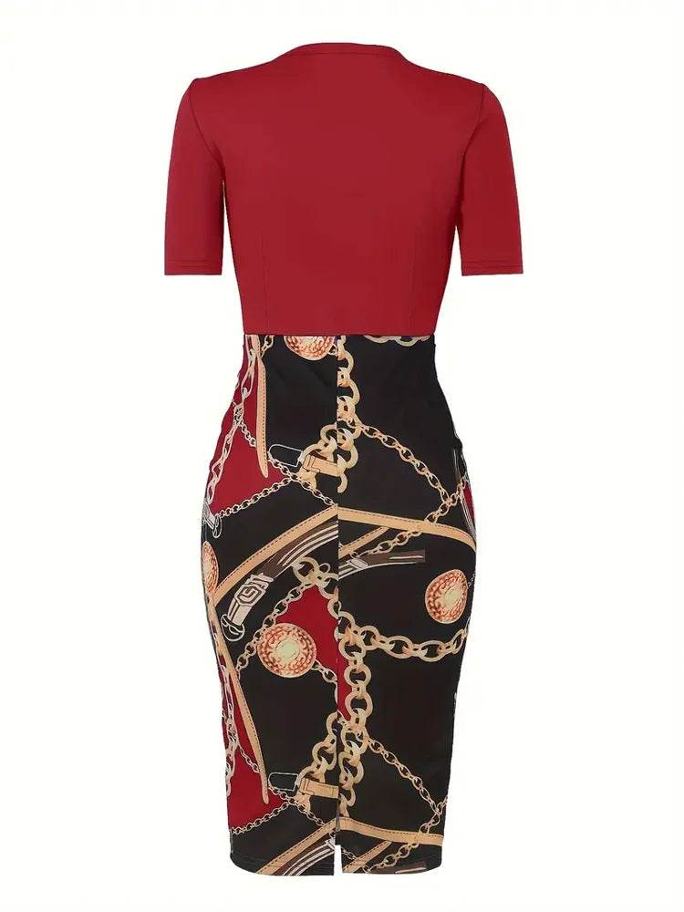 Colorblock Chain Print Short Sleeve Round Neck Slim Fit Mini Dress With Belt