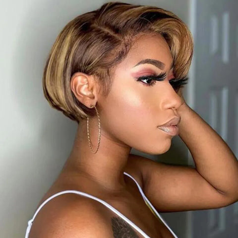 Colored T Part Brazilian Straight Pixie Cut Human Hair Transparent Lace Wig