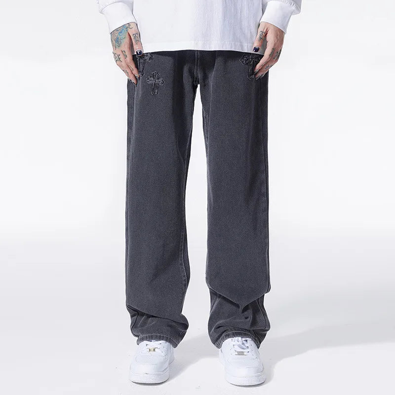 Men's clothing # American vibe style yellow mud dyed cross jeans men's ins embroidered high street wide leg long pants