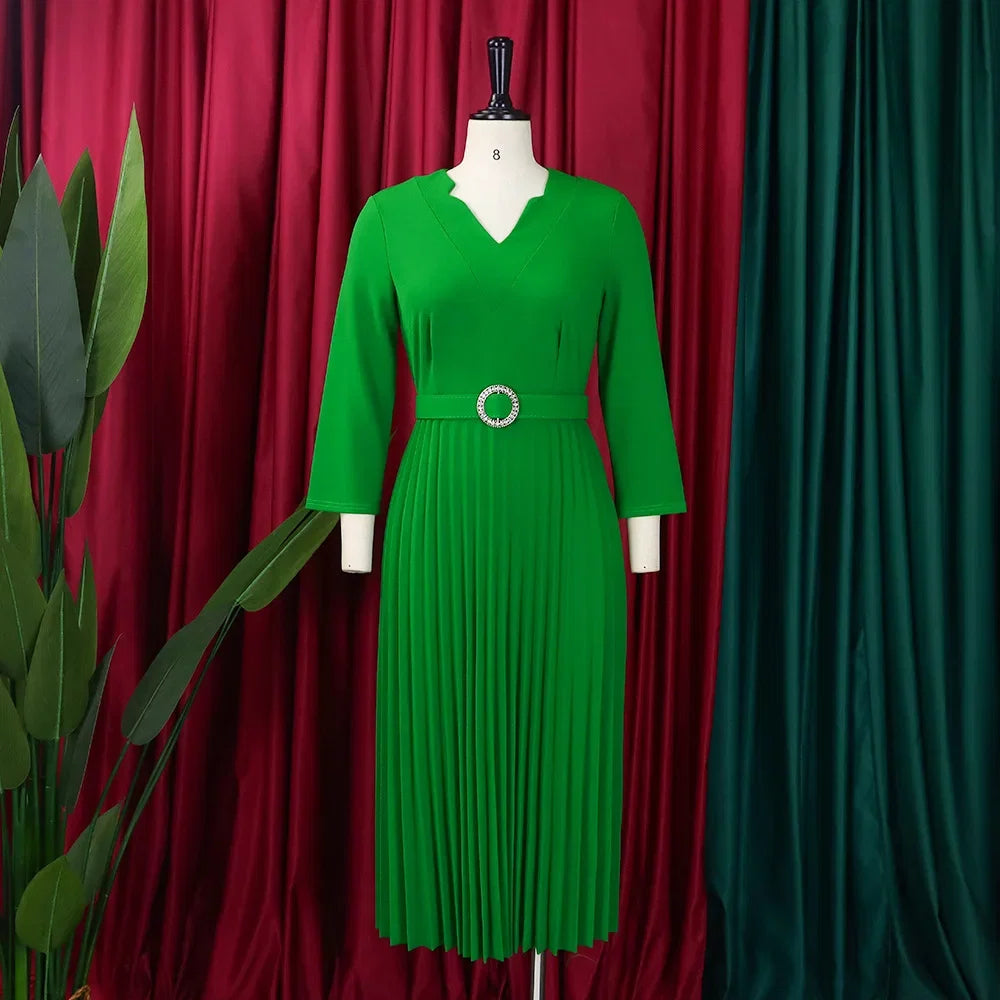 Elegant Pleated V Neck Belt Waisted Mid Calf African Business Wear Dress