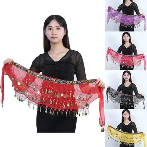 New Belly Dance Hip Scarf Copper Coin Waist Scarf Indian Dance Performance Clothing Accessories Dance Wear Belt with Gemstone