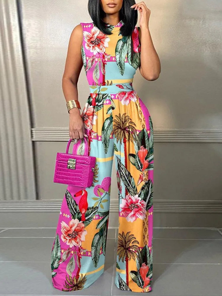 Elegant Women Wide Leg Juumpsuit Summer Fashion Printed Sleeveless Casual Wear