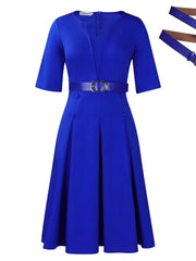 Elegant Office Dresses For Woman V Neck Half Sleeve High Waisted Belt Waisted Pleated Mid Calf Classy Modest Female Work Gowns