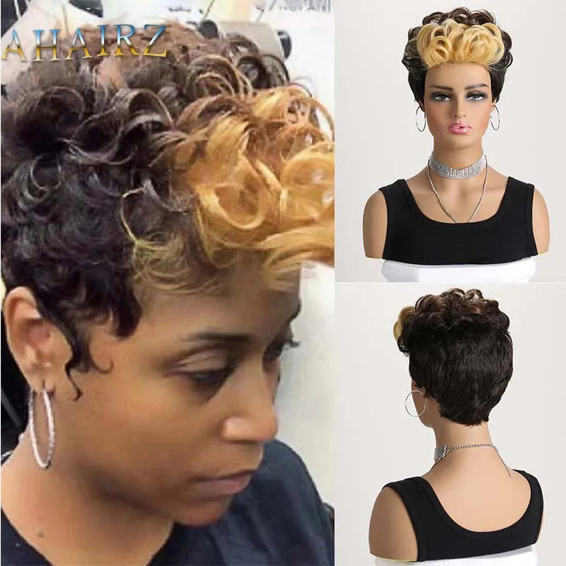 Synthetic Short Pixie Cut Wig with Wavy Bangs Mixed Black Brown 2 Tones Hair Wigs for Women Wavy Haircuts