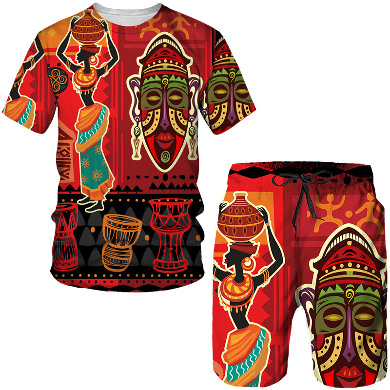 African Men 2 Piece Outfit Ethnic Style Dashiki Shirts Short Sleeve Tee