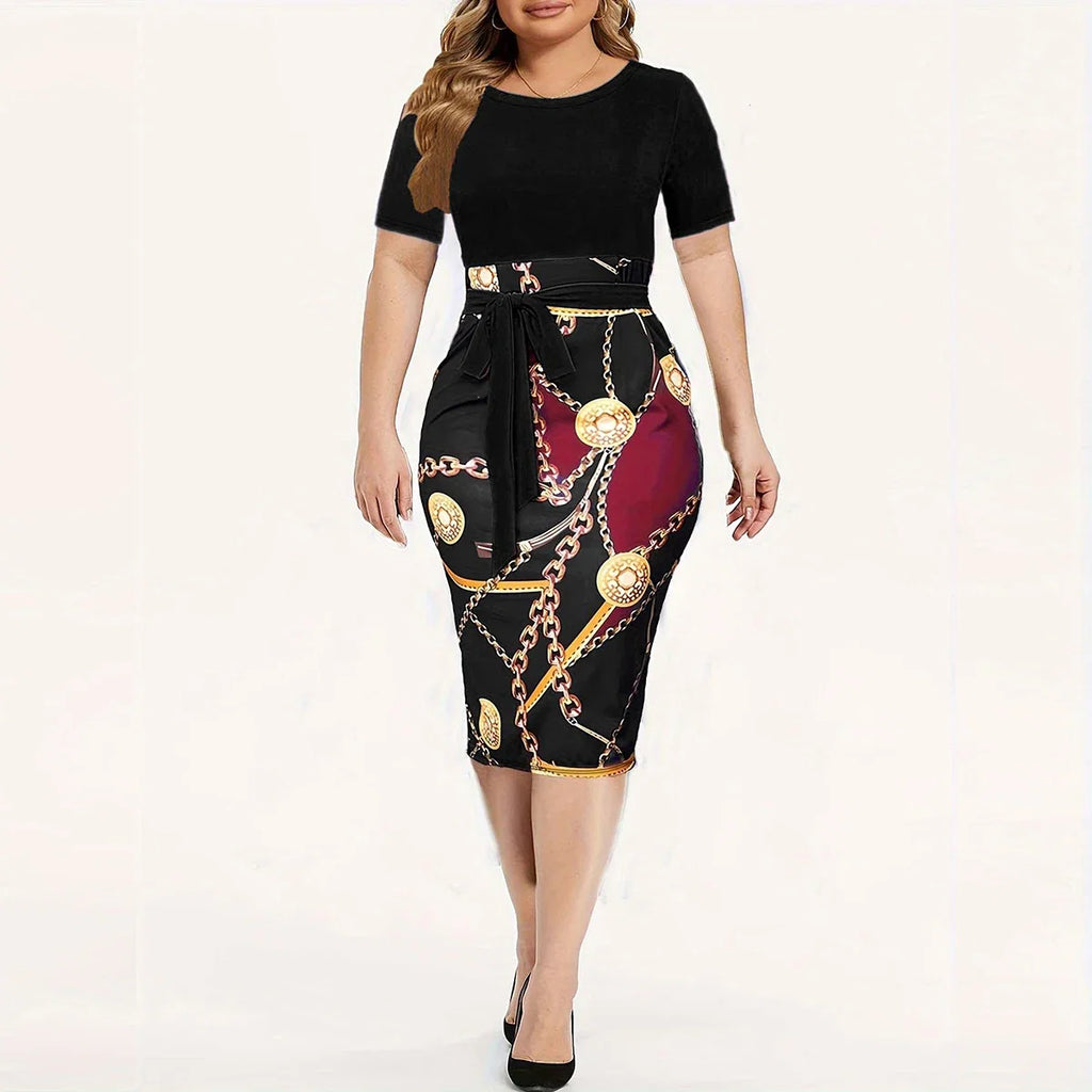 Colorblock Chain Print Short Sleeve Round Neck Slim Fit Mini Dress With Belt