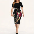 Colorblock Chain Print Short Sleeve Round Neck Slim Fit Mini Dress With Belt