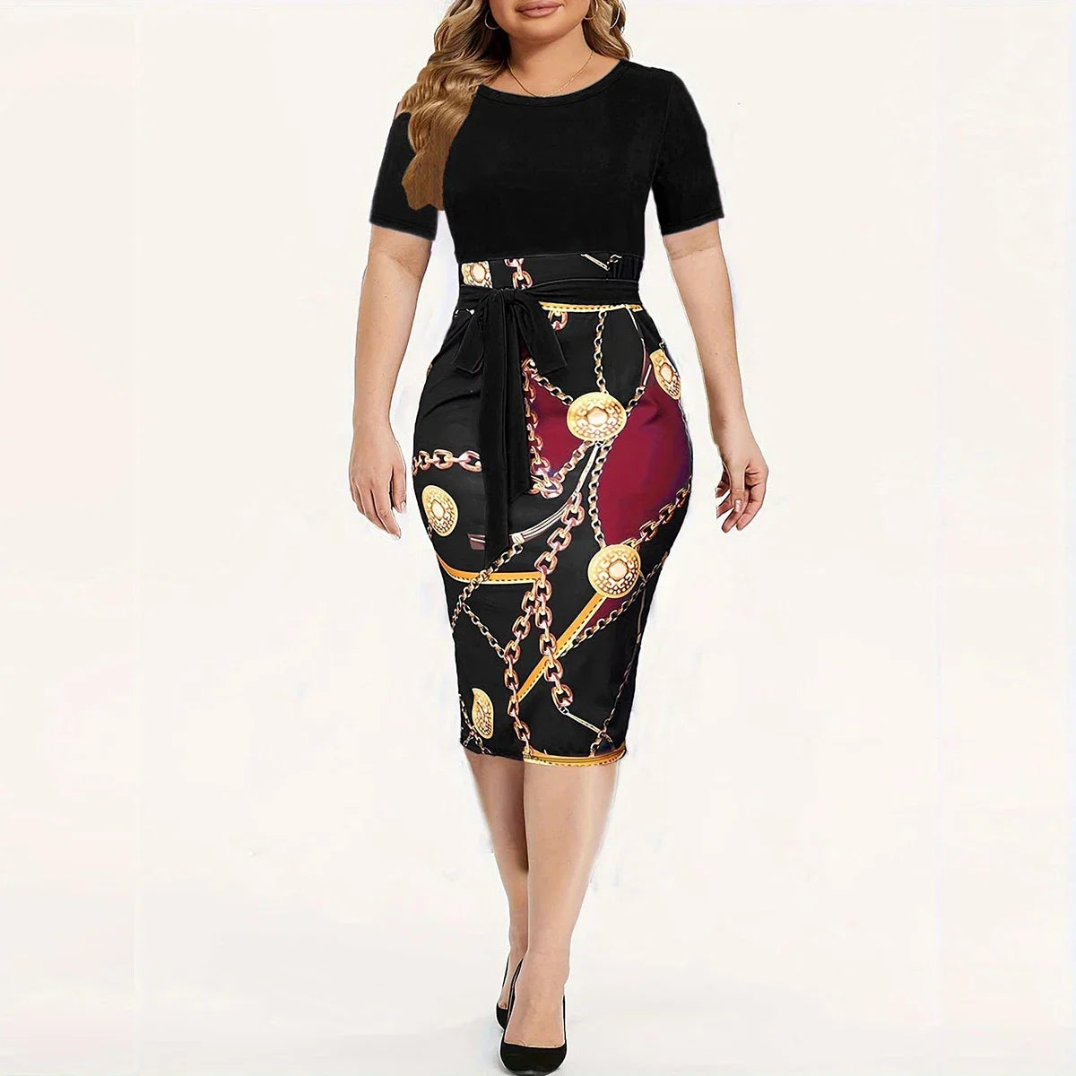 Colorblock Chain Print Short Sleeve Round Neck Slim Fit Mini Dress With Belt
