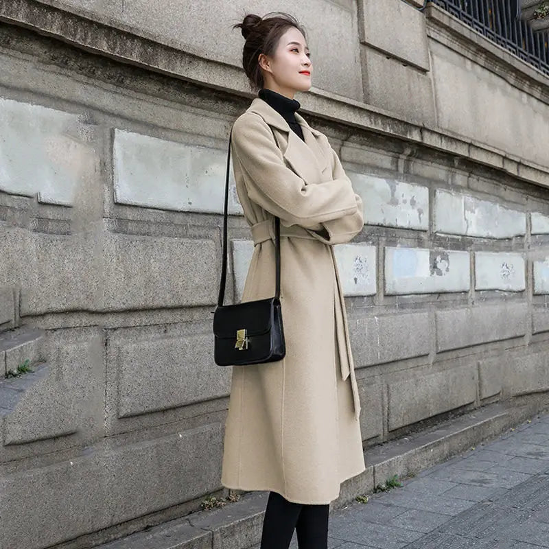 European and American autumn and winter coats for women's clothing Solid color lapel Long sleeved woolen women's coats Simple st