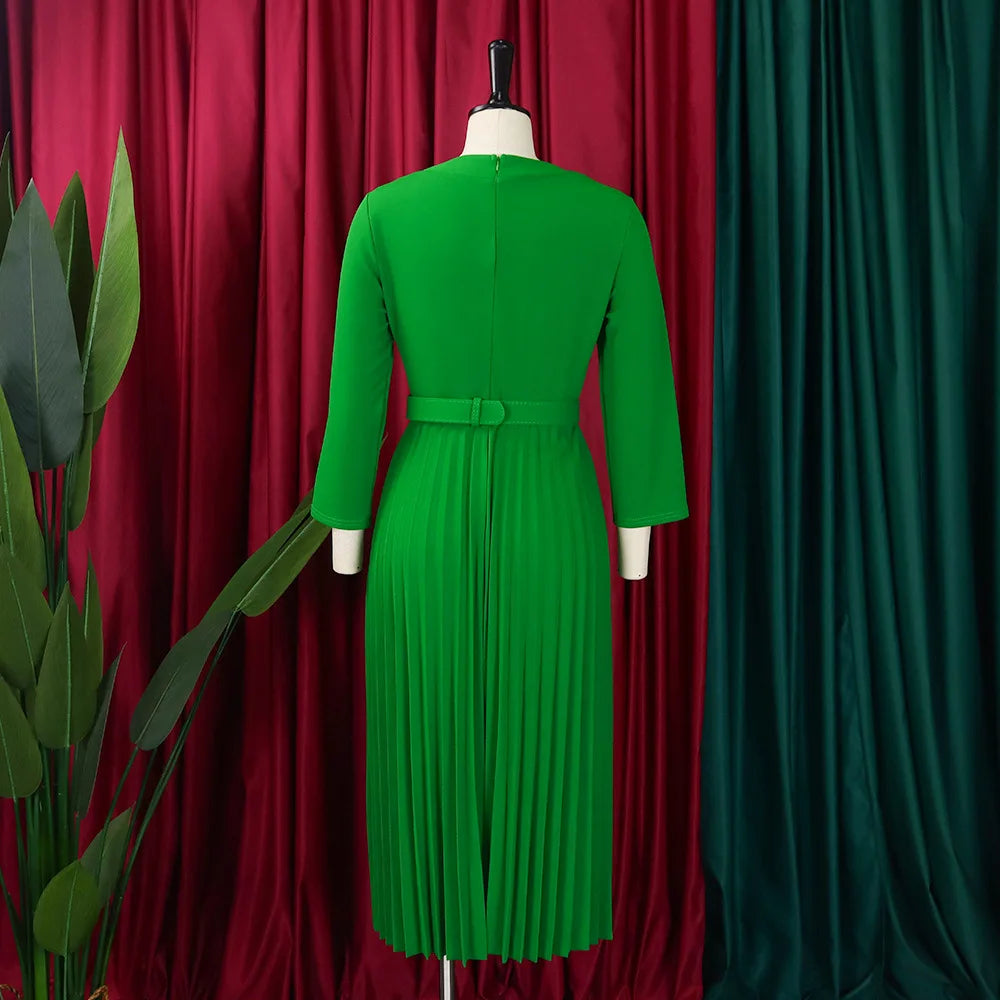 Elegant Pleated V Neck Belt Waisted Mid Calf African Business Wear Dress