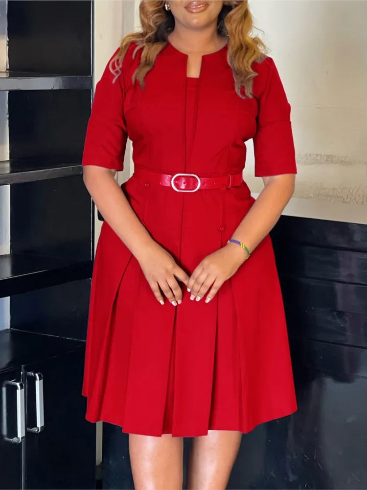 Elegant Office Dresses For Woman V Neck Half Sleeve High Waisted Belt Waisted Pleated Mid Calf Classy Modest Female Work Gowns