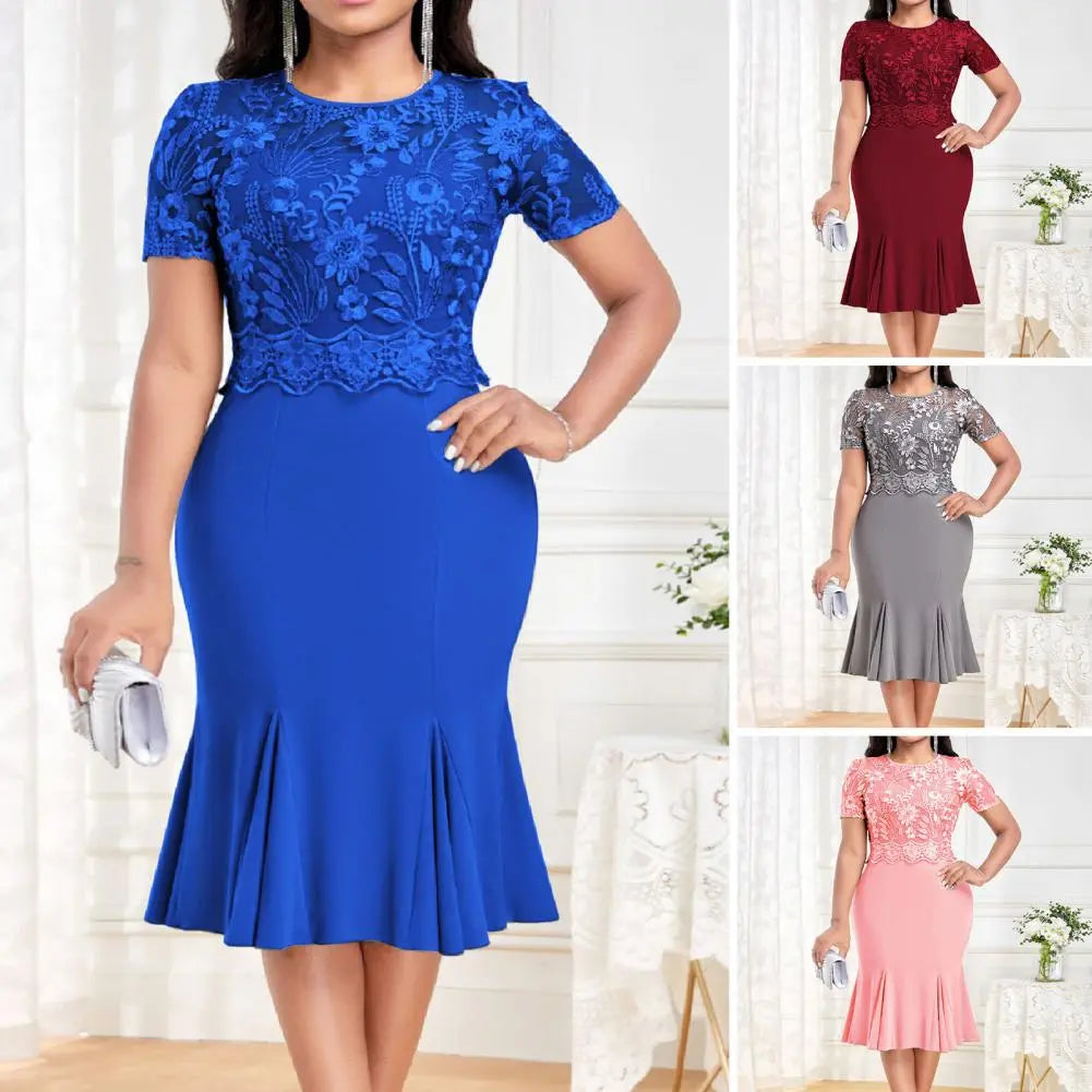 Fashion O Neck Elegant High Waist Lace Splicing Short Sleeve Dress