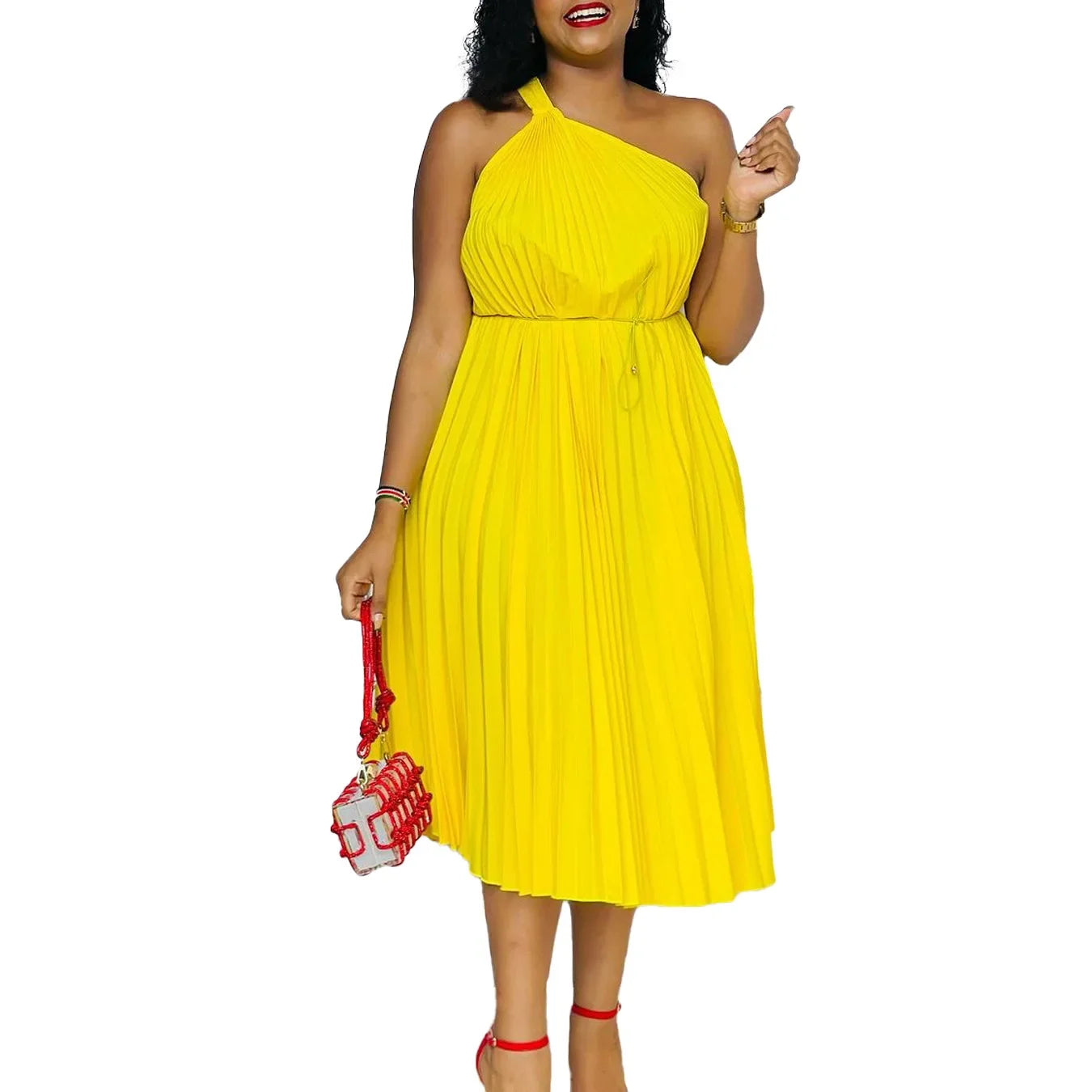Africa Clothing African Pleat Dresses for Women 2024 Summer Sexy Africa Sleeveless White Green Yellow Red Party Beach Midi Dress