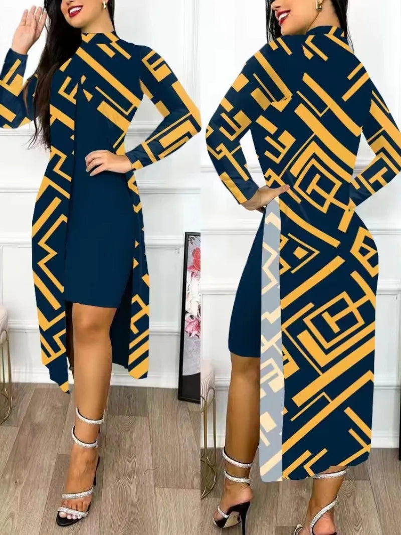 Elegant A Line Two Piece Print Dresses Full Sleeve Split Cardigan Half High Collar Dress