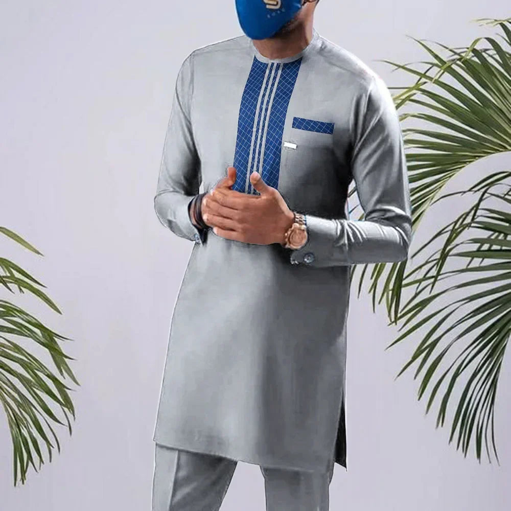 African men Wedding Beaded Long-sleeved Top Pants Set Kaftan Traditional Clothing Ethnic Casual Men's 2Pcs Suit