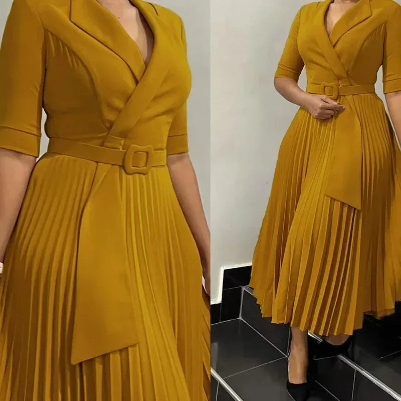 African Autumn Elegant Half Sleeve V-neck Polyester Pleated Ankara Dresses
