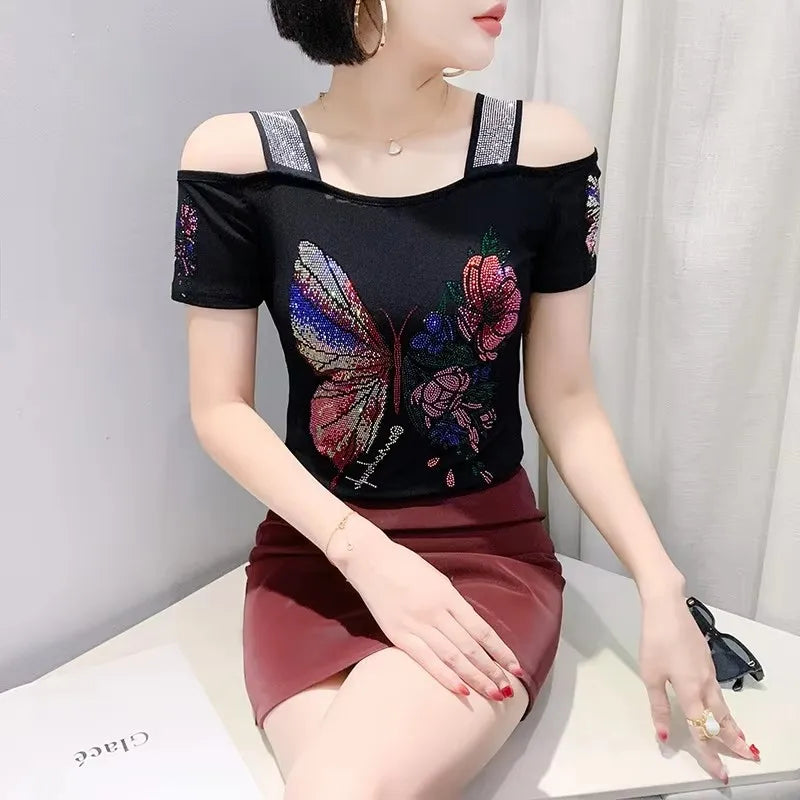 Summer European Clothing T-shirt Female New Short Sleeve Tops Shirt Fashion Butterfly Diamonds Mesh Tees Women Slim T-Shirt