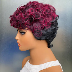 Short Black and Burgundy Synthetic Wig Short Curly 2 Tones Synthetic Wigs For Black Women Natural Short Hair Wig