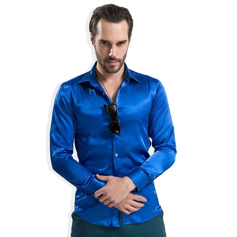 Men's Fashion Shiny Satin British Style Dress Shirt Luxury Ice Silk Long Sleeve Casual Wear