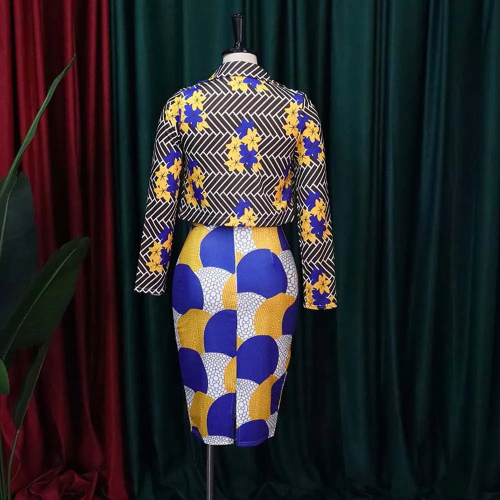 Two Piece Women's Suit Dashiki Long Sleeved Two Piece Exposed Navel Top Set Temperament Midi Skirt Printed Casual Women's Set