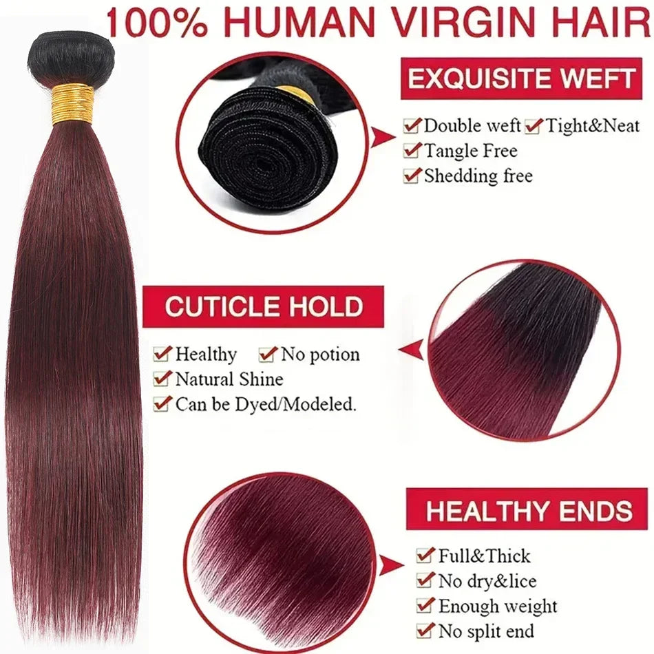 1b 99j Burgundy Human Hair Bundles Ombre Wine Red Bone Straight Human Hair 1/3 /4 Pcs Brazilian Virgin Hair Extensions