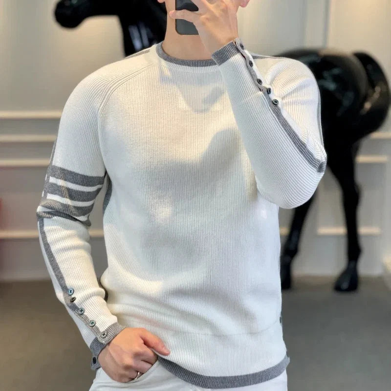 Striped Contrast Color Round Neck Autumn Winter Pullover Sweater Knitted Lantern Long Sleeve Men's Clothing Retro Stylish Tops