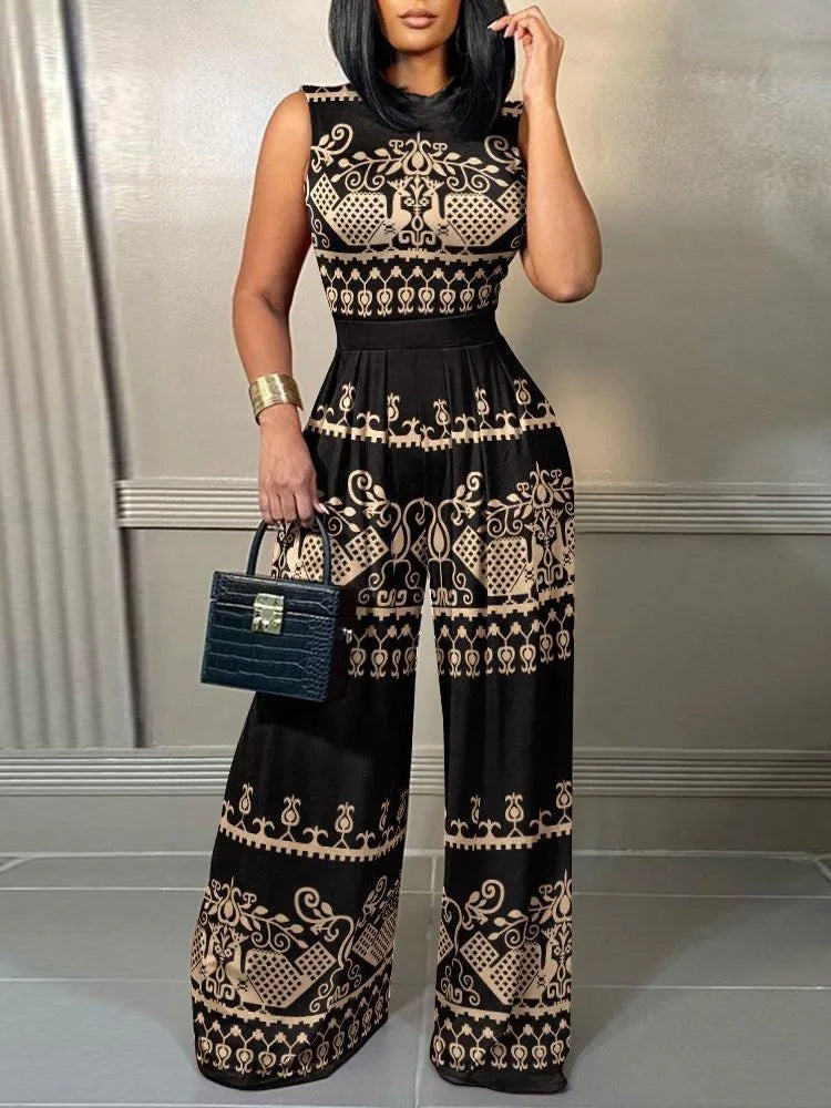 Elegant Women Wide Leg Juumpsuit Summer Fashion Printed Sleeveless Casual Wear