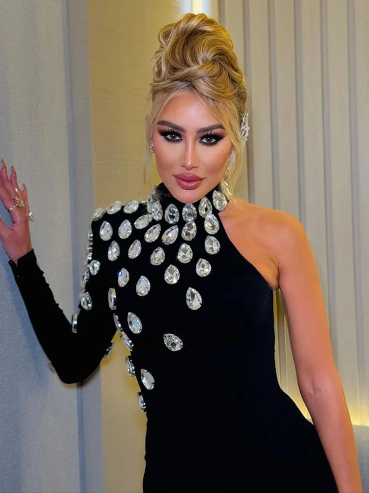 Celebrity One Sleeve Rhinestone Black Maxi Long Bodycon Elegant Evening Wear