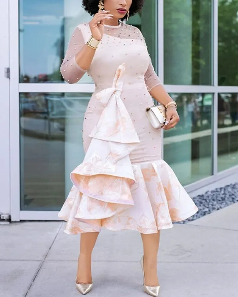 Elegant African Nail Beaded Mesh Sleeve Ruffles Robe  Femme Evening Party Dress