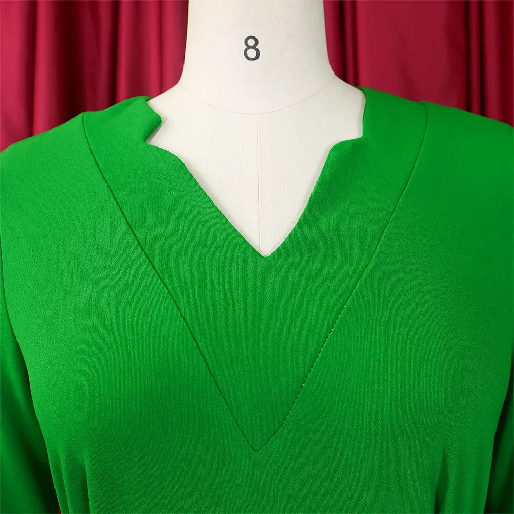 Elegant Pleated V Neck Belt Waisted Mid Calf African Business Wear Dress