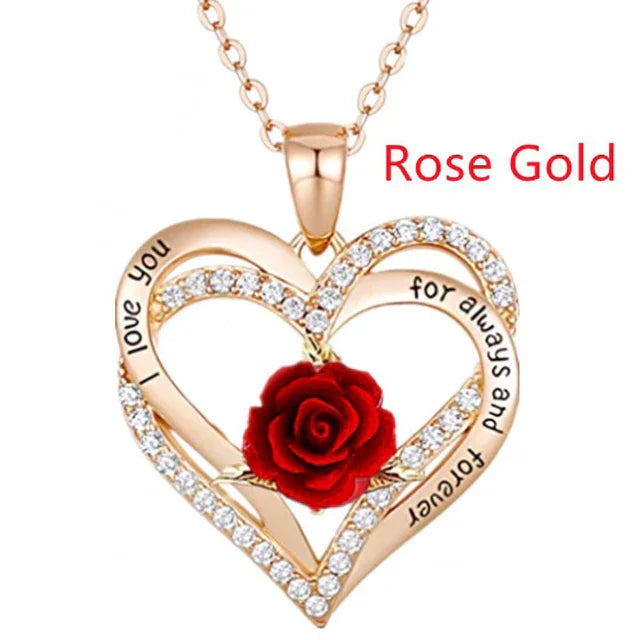 I Love You For Always And Forever Rose Heart Pendant Necklace featuring romantic rose and heart design