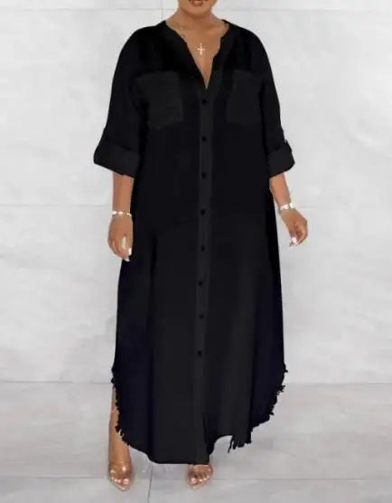 Dresses Loose Solid Color Long Sleeve Single Breasted Half Open Collar Fringe Dress European & American Fashion Women's Clothing