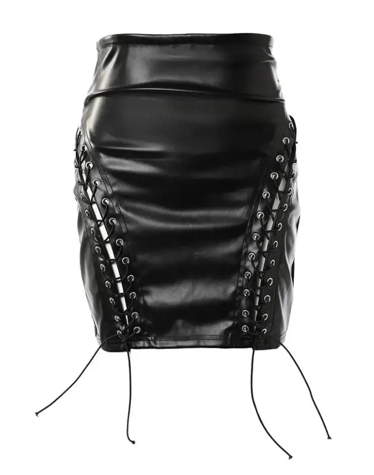 New High Waist Sexy Pu Leather Mesh Lace Up Tight Wrap Hip Half Mini Short Skirt