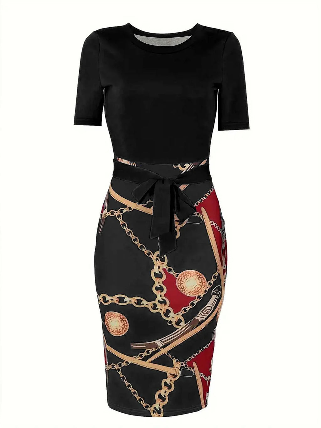 Colorblock Chain Print Short Sleeve Round Neck Slim Fit Mini Dress With Belt