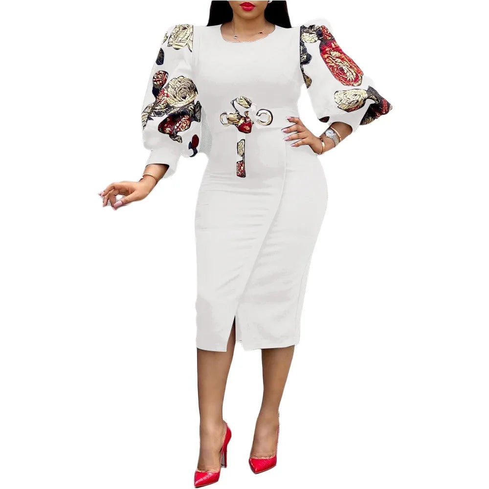 Women Elegant Bodycon Dresses O Neck Three Quater Sleeves High Waist Office Ladies Work Wear Package Hip African Fashion Spring