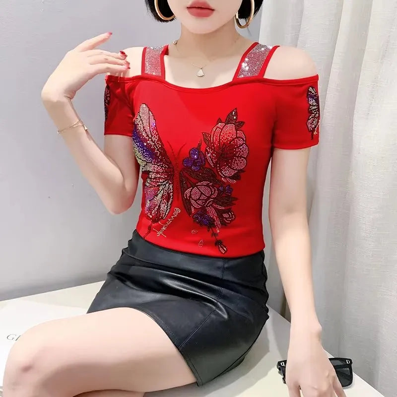 Summer European Clothing T-shirt Female New Short Sleeve Tops Shirt Fashion Butterfly Diamonds Mesh Tees Women Slim T-Shirt