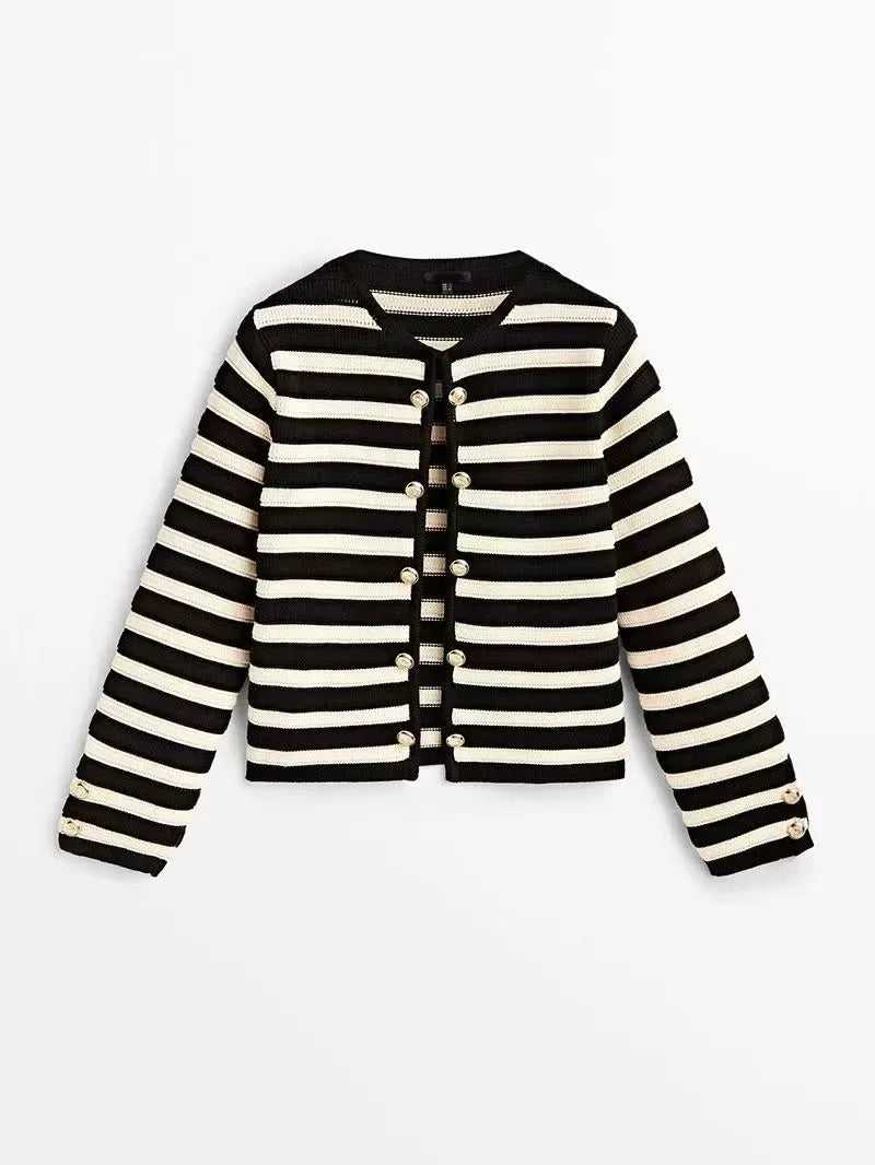 Spanish MD European and American women's clothing 2024 Spring and Autumn new style casual classic striped knitted top cardigan