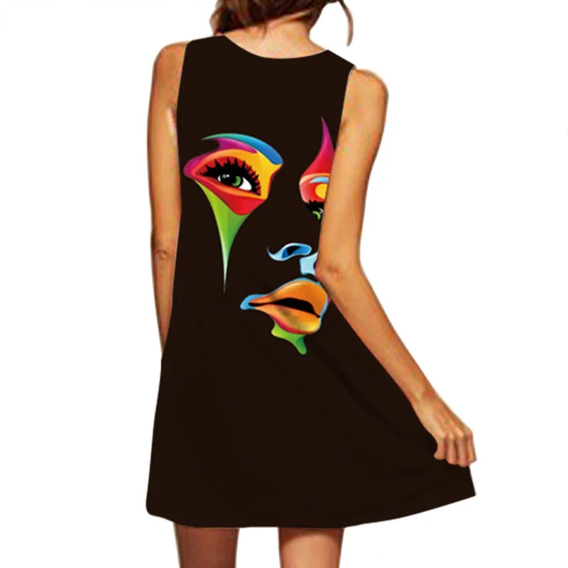 European and American Cross-border WOMEN'S V-neck Sleeveless Printed Hem Dress Medium Length