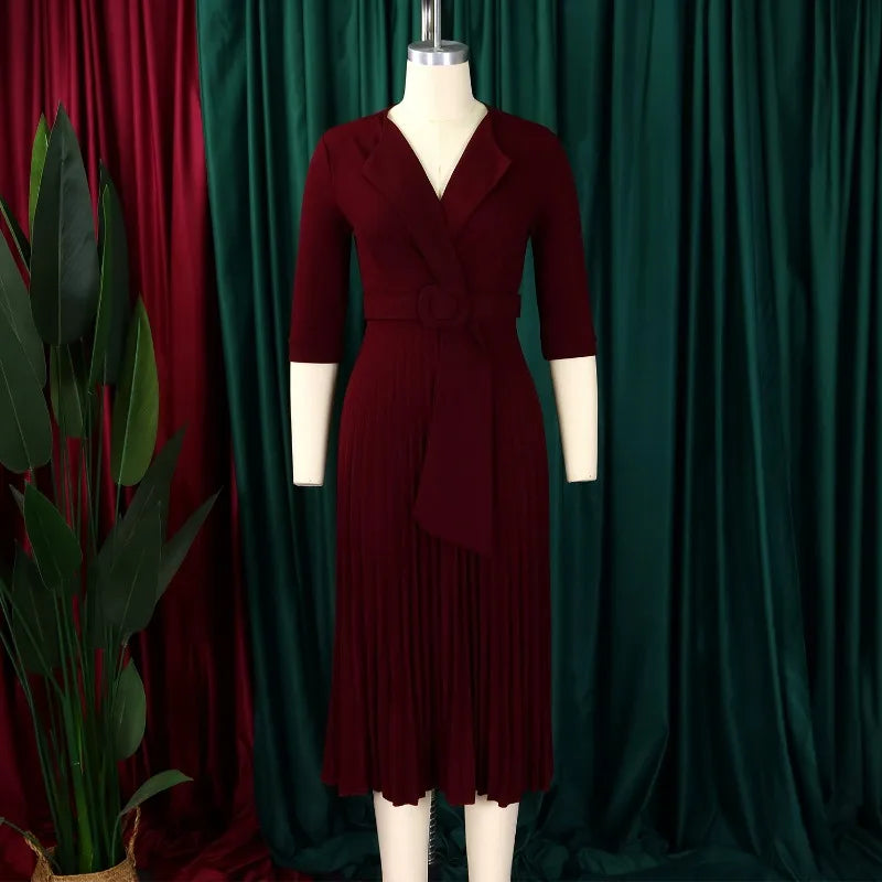 African Autumn Elegant Half Sleeve V-neck Polyester Pleated Ankara Dresses