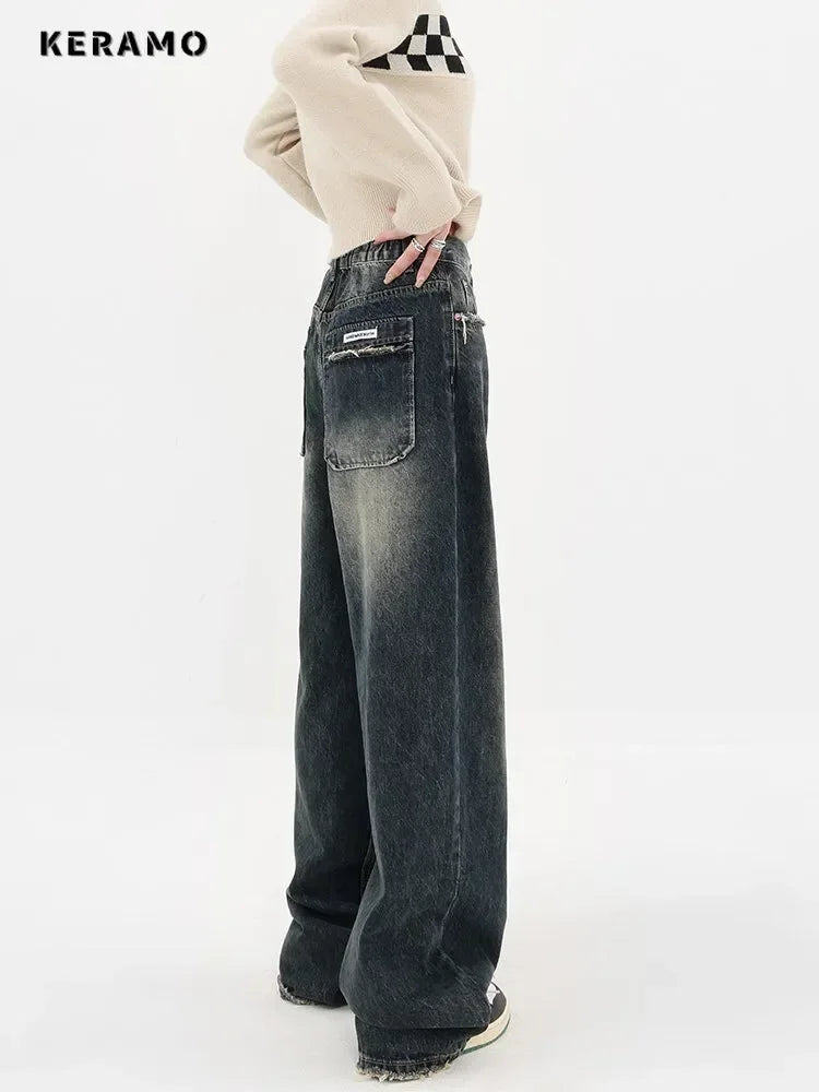 Harajuku Streetwear Retro Fashion Women High Waist Jeans Wide Leg Straight Denim Trousers Y2K Baggy Pants