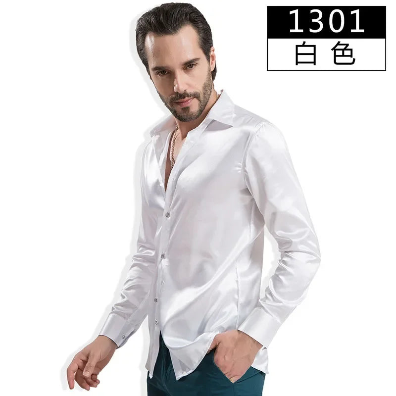 Men's Fashion Shiny Satin British Style Dress Shirt Luxury Ice Silk Long Sleeve Casual Wear