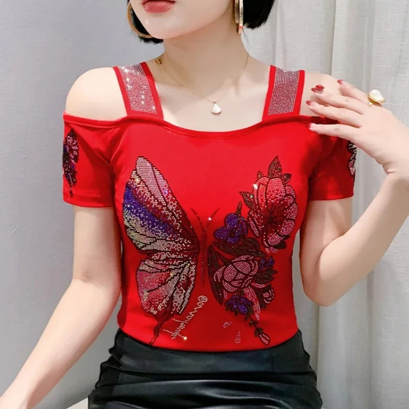 Summer European Clothing T-shirt Female New Short Sleeve Tops Shirt Fashion Butterfly Diamonds Mesh Tees Women Slim T-Shirt