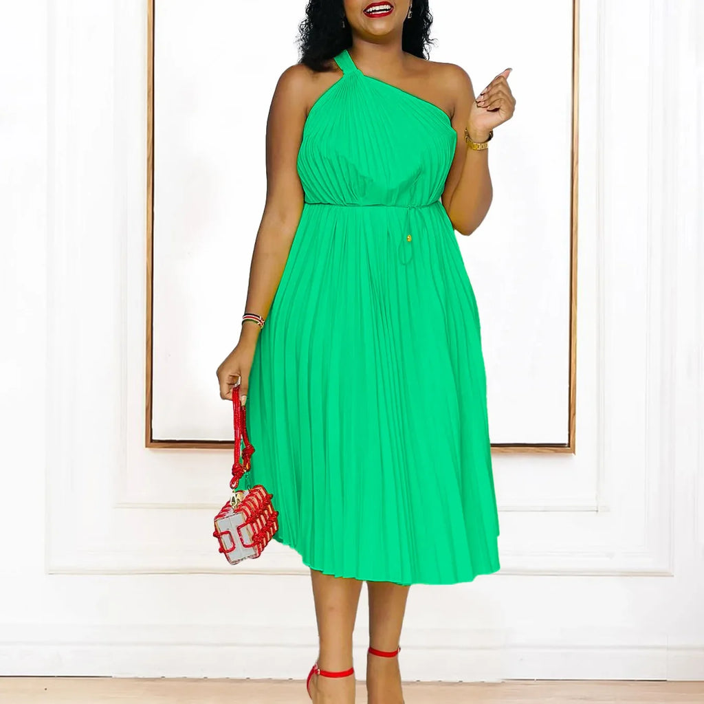 Africa Clothing African Pleat Dresses for Women 2024 Summer Sexy Africa Sleeveless White Green Yellow Red Party Beach Midi Dress