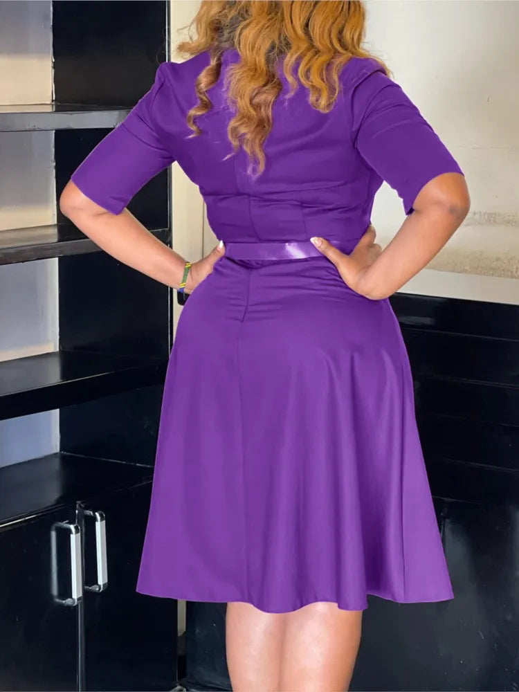 Elegant Office Dresses For Woman V Neck Half Sleeve High Waisted Belt Waisted Pleated Mid Calf Classy Modest Female Work Gowns